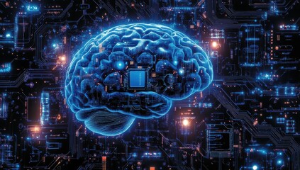 Poster - Futuristic Concept of a Human Brain Representing Intelligence and Technology with Abstract Digital Elements, Circuit Patterns, and Neon Blue Highlights