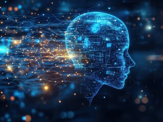 Poster - Futuristic Concept of Artificial Intelligence and Human Mind with Digital Processing, Data Flow, and Blue Light Representation in Abstract Technology Background