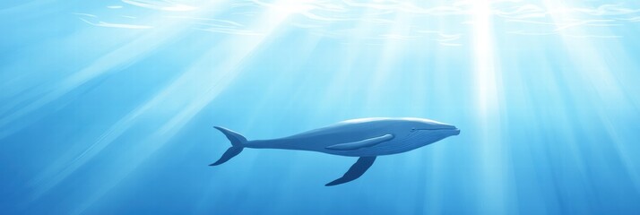 Poster - Majestic whale swimming gracefully through clear blue ocean waters in bright sunlight at midday. Generative AI
