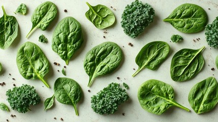 Sticker - Fresh Spinach and Kale Leaves: A Healthy and Vibrant Flat Lay