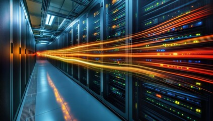 Aufkleber - Futuristic Data Center with Bright Light Trails Illustrating Fast Data Transfer and Connectivity in a High-Tech Environment
