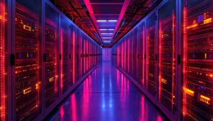 Poster - Futuristic Data Center with Neon Lights and High-Tech Server Racks Creating a Vibrant and Energetic Digital Environment for Technology and Networking