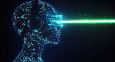 Poster - Futuristic Digital Avatar in Virtual Reality Headset Emitting Laser Beam, Representing the Intersection of Technology, Innovation, and Imagination in the Modern World