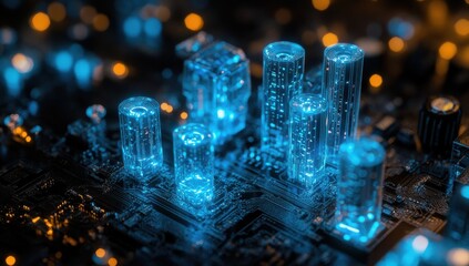 Poster - Futuristic Digital Circuit Board with Glowing Blue Vacuum Tubes and Vibrant Lights for Technology and Innovation Concepts in Modern Electronics