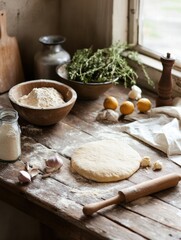 Poster - Rustic kitchen table with rolling pin and fresh ingredients for cooking preparations in a cozy space. Generative AI