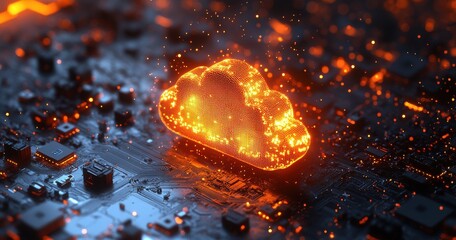 Poster - Futuristic digital cloud concept glowing on a circuit board, representing data storage, technology, and innovation in a vibrant electronic environment