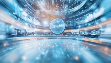 Poster - Futuristic Digital Environment with Holographic Globe and Data Visualizations, Representing Technology, Innovation, and Global Connectivity in Modern Offices