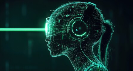 Poster - Futuristic Digital Female Profile with Headphones and Virtual Reality Glasses Emitting Neon Green Light in a Cyberpunk Style Environment
