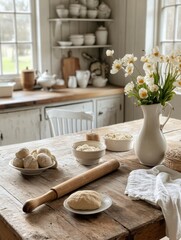 Aufkleber - Fresh ingredients and rustic charm at the kitchen table ready for baking dough. Generative AI