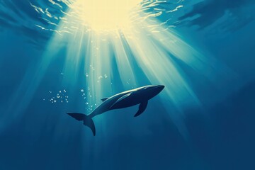 Aufkleber - Whale swimming gracefully under sunlit waters in a serene ocean environment during midday. Generative AI