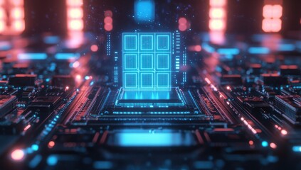 Poster - Futuristic Technology Background Featuring Advanced Microchip Design with Illuminated Circuitry and Vibrant Colors for Innovative Digital Concepts