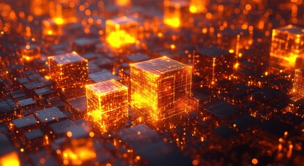 Poster - Futuristic Technology Concept with Glowing Cubes and Sparkling Particles in a 3D Digital Landscape Representing Data and Network Connections