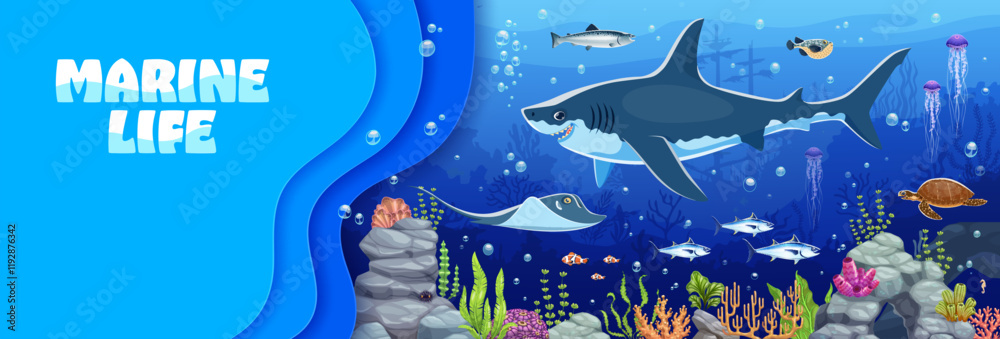 Marine life banner with underwater landscape, sea animals and fish ...