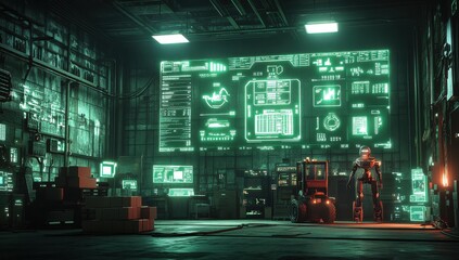 Aufkleber - Futuristic Warehouse with Robot and Advanced Technology, Showcasing Innovative Designs and Illuminated Control Panels in an Industrial Setting