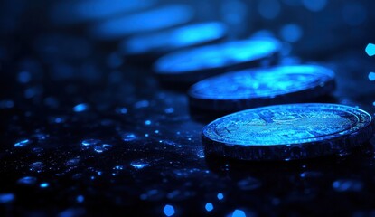 Poster - Glimmering Blue Coins on a Reflective Surface with Raindrops Creating an Atmospheric and Abstract Financial Concept in a Dark Environment