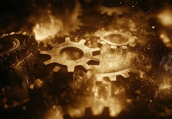 Poster - Intricate and Shimmering Gears Creating a Mesmerizing Mechanical Scene with Golden Light and Sparkling Effects in a Close-Up Perspective