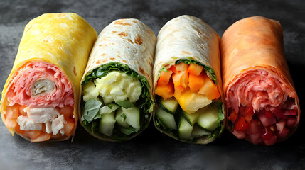 Poster - Four Colorful and Delicious Wraps with Fresh Vegetables and Protein