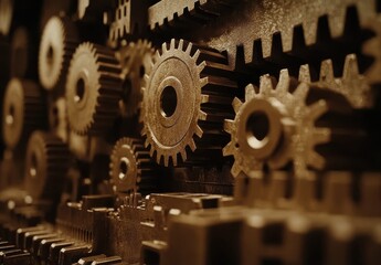 Poster - Intricate Close-Up of Vintage Metallic Gears and Cogs in a Steampunk Aesthetic, Highlighting Textures and Mechanical Precision of Industrial Design Elements