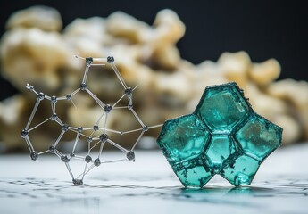 Poster - Intricate Molecular Structures Displayed with Geometric Crystal Formation and Natural Background for Scientific or Educational Use