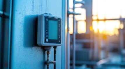 Poster - Electronic control unit featuring a blank screen, mounted on a metal panel, monitoring an industrial process as the sun sets, highlighting the intersection of technology and automation