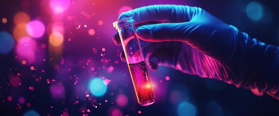 scientist holding medical test tube or scalpel, lab flask of medical research with blood cells and v