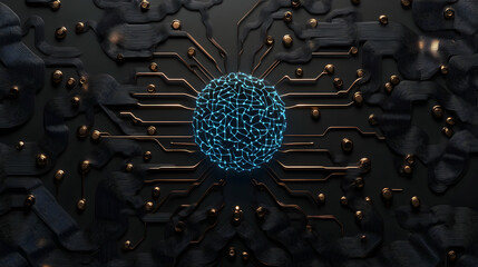 generative ai mind as a glowing cyan matrix on a sleek black backdrop with soft bronze metallic deta