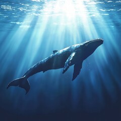 Poster - Humpback whale swimming gracefully in deep ocean with sunlight filtering through water. Generative AI