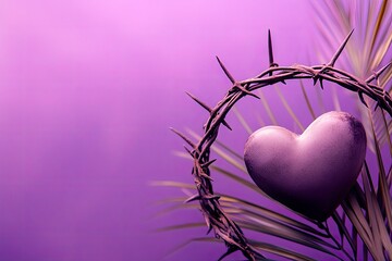 Poster - Lent Season, Holy Week, Ash Wednesday, Palm Sunday and Good Friday concepts. Close up crown of thorns, heart and palm leaf in purple background. Stock photo. 