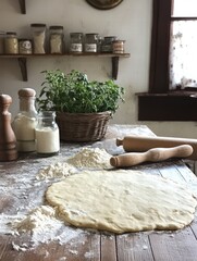 Aufkleber - Rustic kitchen table adorned with fresh ingredients and dough ready for baking in a cozy setting. Generative AI