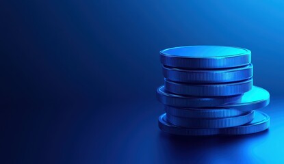 Poster - Stacked Metallic Coins with a Blue Gradient Background for Financial and Business Concepts, Representing Wealth, Investment, and Savings Strategies