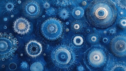 Poster - Stunning Close-Up of Vibrant Blue Microorganisms Featuring Intricate Patterns and Textures in Vivid Detail, Perfect for Science and Nature Themes
