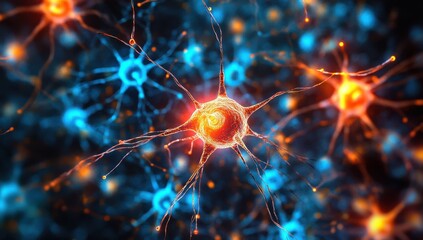 Poster - Stunning Close-Up View of Neurons Connected Together with Bright Colors, Representing Electrical Signals in the Nervous System for Scientific and Educational Use