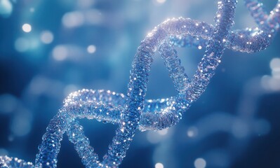 Poster - Stunning Close-Up Visualization of a DNA Helix Structure with Twisting Blue Strands and Sparkling Effects Against a Dreamy Background