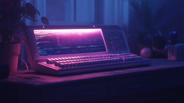 Retro computer with a glowing screen, displaying a futuristic cityscape.