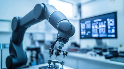 Poster - Modern robotic arm performing a precise task in a laboratory environment, showcasing advanced technology and automation in scientific research