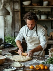 Aufkleber - Freshly prepared dough on a rustic kitchen table with vibrant ingredients and a chef using a rolling pin. Generative AI