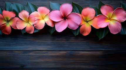 Wall Mural - Hawaiian flowers on wooden background with space for text