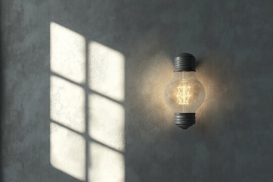 3D render of a light bulb on the wall, with a grey background and a shadow from a window.
