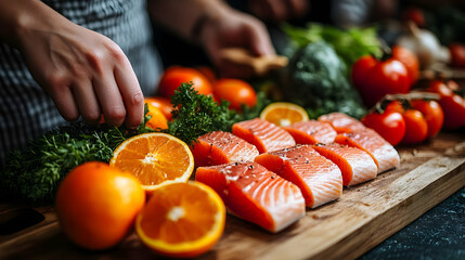 Wall Mural - Preparing a healthy salmon dish with fresh vegetables and citrus fruits