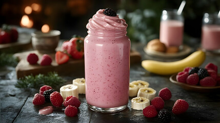 Sticker - Pink berry smoothie with banana and fresh fruit in mason jar