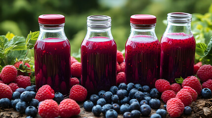 Sticker - Four bottles of fresh berry juice surrounded by raspberries and blueberries