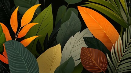 Wall Mural - Lush tropical foliage with vibrant orange, green, and brown leaves on a dark background.