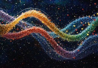 Poster - Vibrant Abstract Representation of Colorful Molecules and Organic Structures Illuminated Against a Dark Background in an Artistic Digital Composition