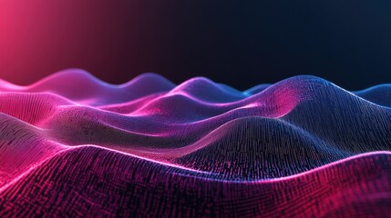 Poster - Abstract Digital Landscape with Wavy Patterns Illuminated by Vibrant Neon Colors in a Dark Background, Creating a Futuristic and Ethereal Atmosphere