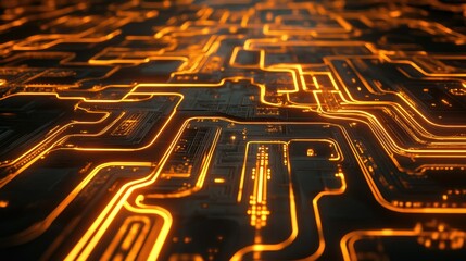 Poster - Intricate Circuit Board Design with Glowing Orange Lines Representing Advanced Technology and Digital Connectivity in a Futuristic Setting