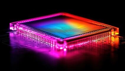 Poster - Vibrant Close-up of a High-Tech Microchip Highlighting Colorful Patterns and Intricate Details Against a Dark Background, Perfect for Technology and Innovation Themes