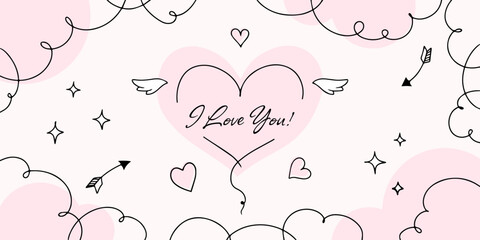 Poster - Valentine Day postcard with hand drown doodle heart and clouds, text greeting and invitation, banner, cute holiday event poster. Vector illustration.