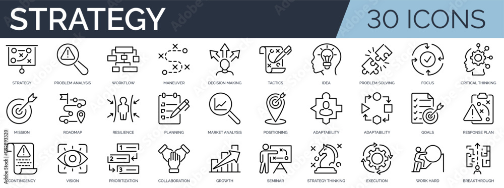 Set of 30 outline icons related to strategy. Linear icon collection ...