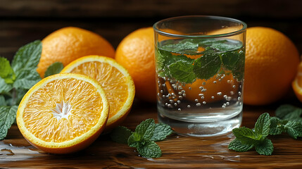 Sticker - Refreshing Sparkling Water with Oranges and Mint on Wooden Table