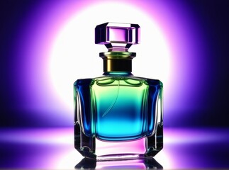 Colorful glass perfume bottle with vibrant lighting against a striking background